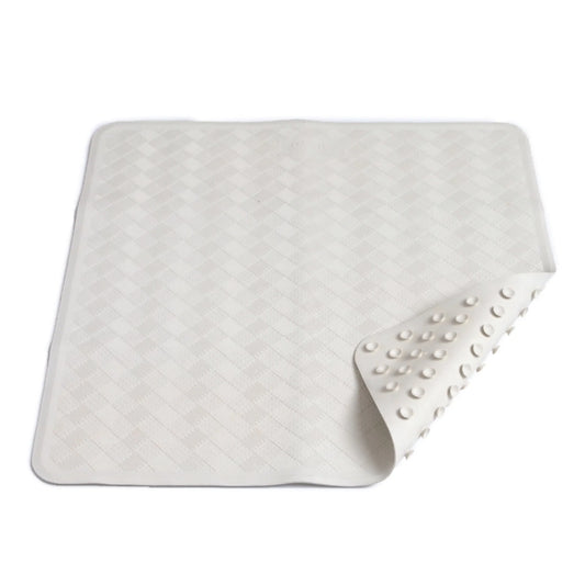 A beige square bath and shower mat with suction cups.