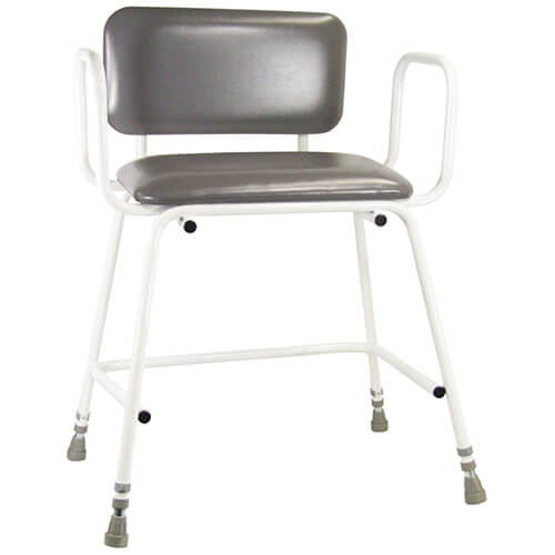 A bariatric perching stool with backrest, featuring a gray seat and backrest with a white steel frame, adjustable height settings, and armrests (Image 1).
