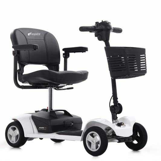 A compact and portable Aspire Boot Scooter Supalite with a black seat, white body, and black wheels and accessories from Adaptive Equipment (Image 1).