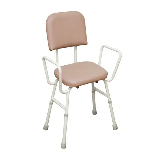 A pink kitchen perching stool with a padded seat and backrest, height-adjustable mechanism, and non-slip feet on a white background.