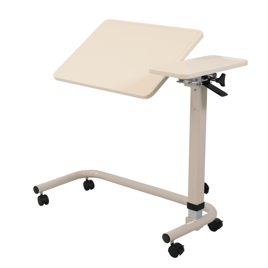 A beige over bed/chair table with a split top and adjustable height, featuring a C-shaped base on wheels from Adaptive Equipment (Image 2).