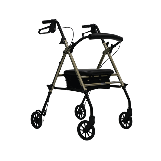 A lightweight champagne-colored walker with adjustable seat and handle heights, and 6 inch wheels (Image One)