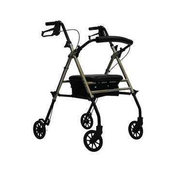 A lightweight champagne-colored walker with adjustable seat and handle heights, and 6 inch wheels (Image One)