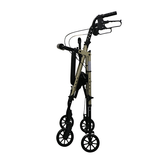 A lightweight champagne-colored walker with adjustable seat and handle heights, and 6 inch wheels (Image Two)