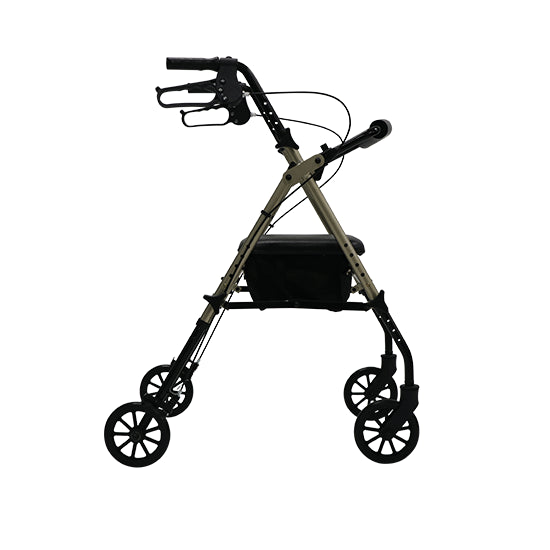 A lightweight champagne-colored walker with adjustable seat and handle heights, and 6 inch wheels (Image Three)