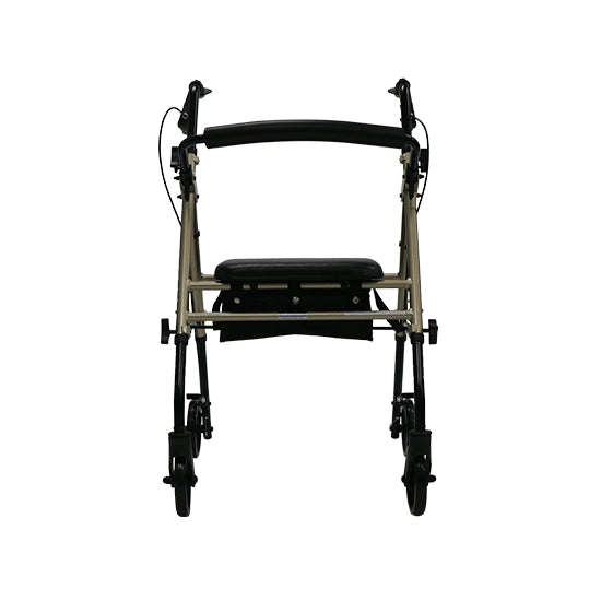 A lightweight champagne-colored walker with adjustable seat and handle heights, and 6 inch wheels (Image Four)