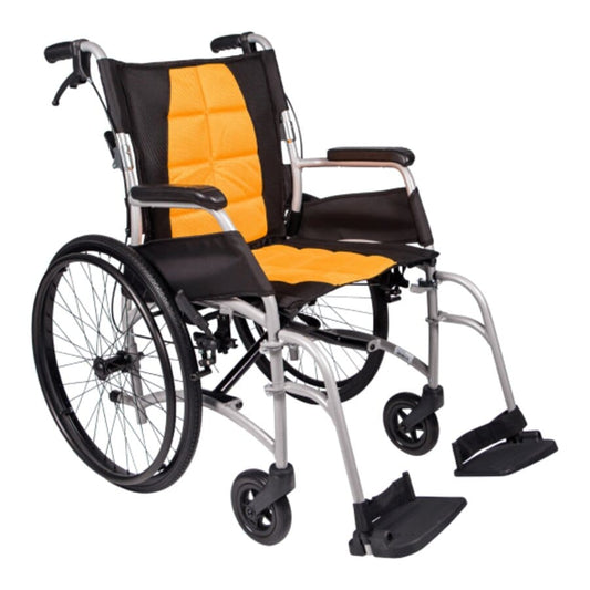 Manual wheelchair with a strong aluminum frame, black and orange seat and backrest upholstery, folding frame, and attendant-operated hand brakes (Image 1).