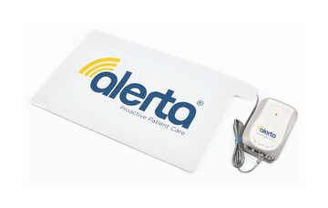 The image shows a fall alarm system called Alertamat, which includes a white pad with a blue and yellow logo, a bed pad, an alarm monitor and cables from Adaptive Equipment (Image 1).