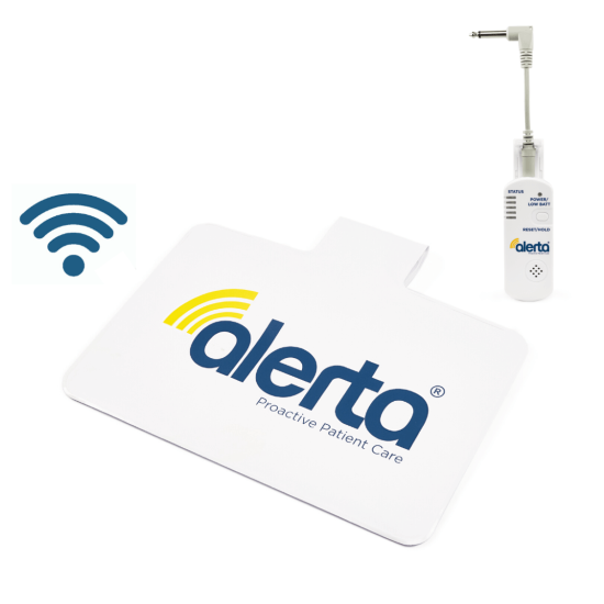 The image shows a fall alarm system called Alertamat, which includes a white pad with a blue and yellow logo, a bed pad, an alarm monitor and cables from Adaptive Equipment (Image 3).
