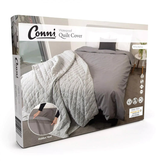 Packaging for CONNI Waterproof Quilt Protector, showing the product in use on a quilt and the brand's logo from Adaptive Equipment (Image 1).