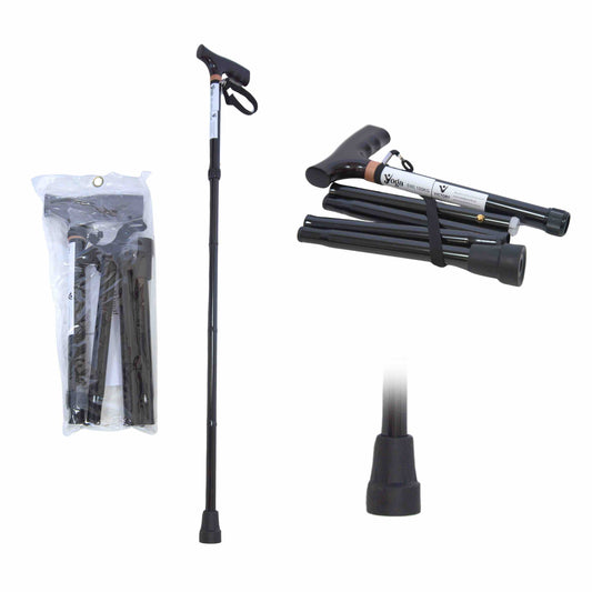 Lightweight black foldable walking cane with components on a white background