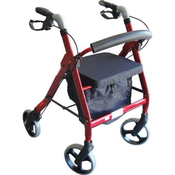 A red bariatric wide rollator with four wheels, hand brakes, a padded seat, and a grey bag attached underneath.