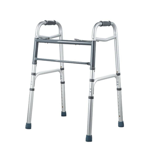 A side folding walking frame made of aluminum, with black hand grips and tips on the legs for stability (Image 1).
