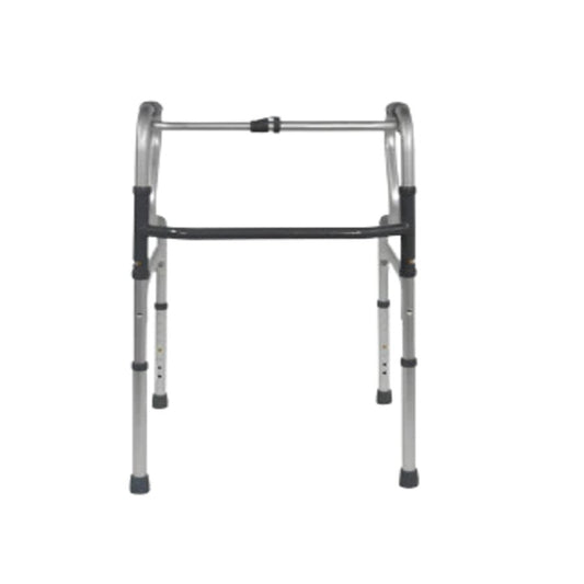 A lightweight aluminium walking frame with a wide base for stability, soft-grip handles, and a one-button folding function. It is displayed in a neutral setting (Image 1)
