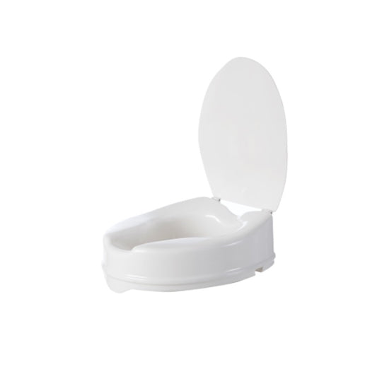 A white toilet seat raiser with lid, designed for accessibility and comfort in bathroom settings from Adaptive Equipment.