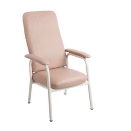 A pink high back classic day chair with a white frame and padded armrests and seat from Adaptive Equipment.