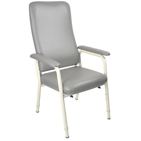 A bariatric high back day chair with a sturdy steel frame and heavy-duty vinyl upholstery in a gray colour, featuring a high backrest and armrests from Adaptive Equipment.