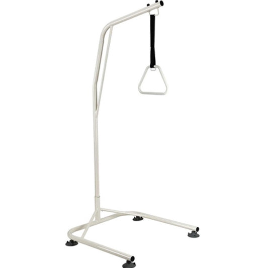 A white over-bed pole with a 5-wheel base, designed to support beds, with a black headboard attachment from Adaptive Equipment.