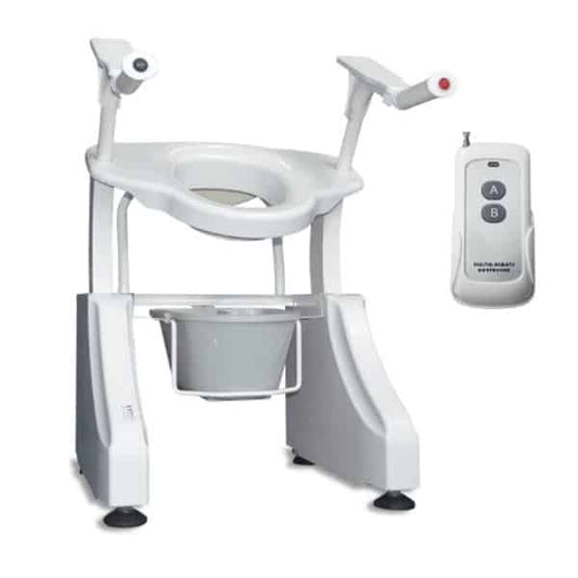 A white and gray toilet lift seat with a remote control for the base, shown with the seat in a lifted position.