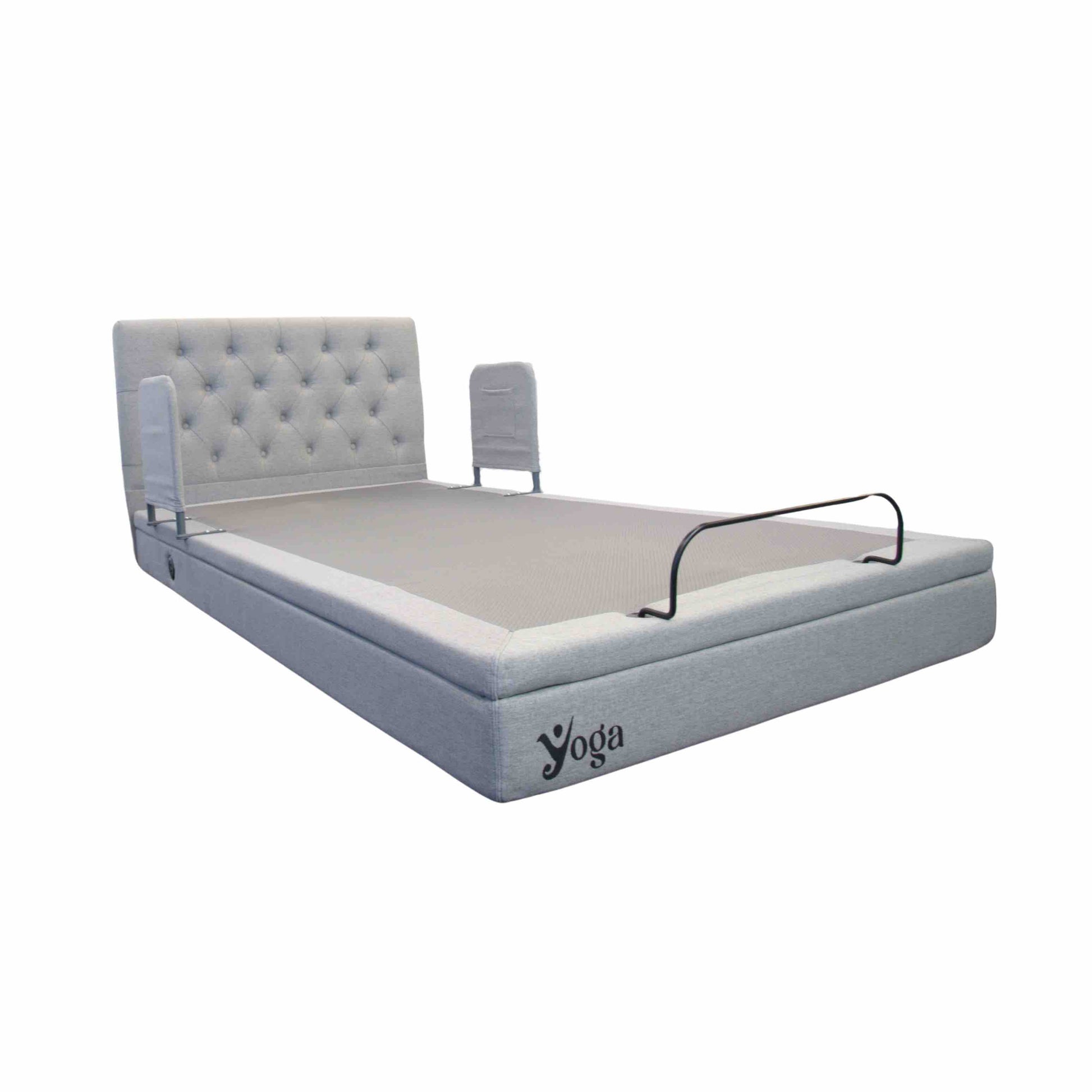 Gray home care bed with tufted headboard and 'Yoga' branding on a white background