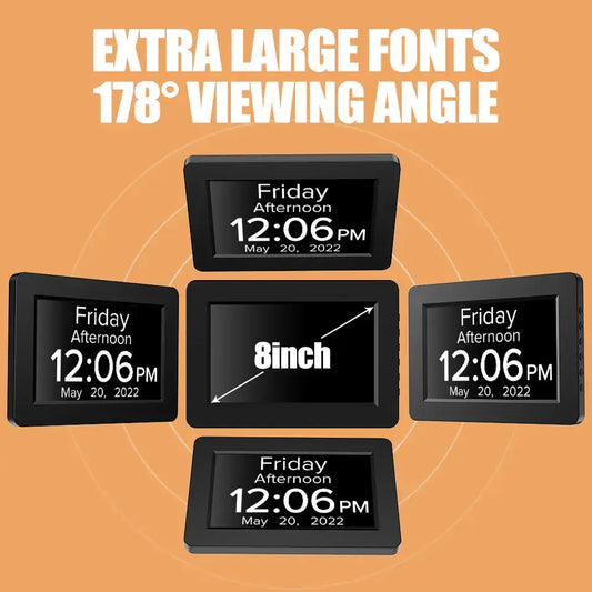 A digital dementia clock displaying the time, date, and day of the week on its screen, with a black frame (Image 2).