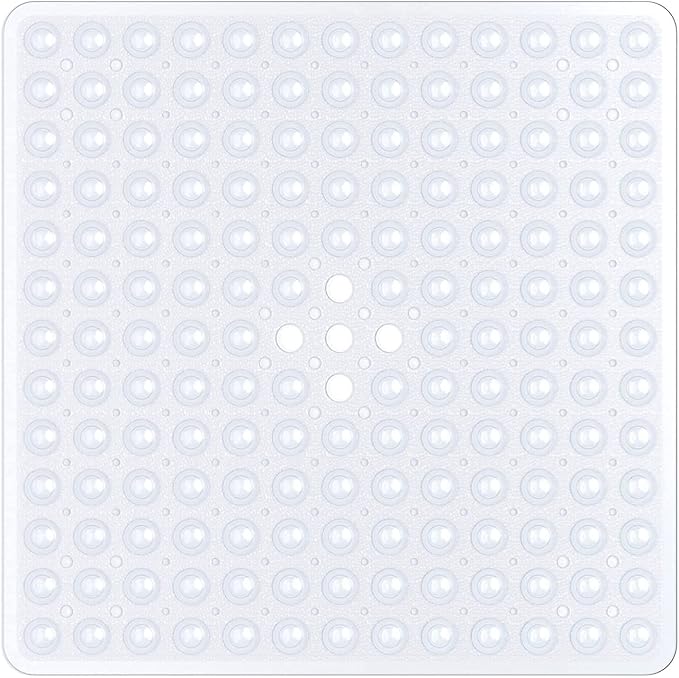 A clear square bath and shower mat with suction cups.