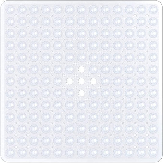A clear square bath and shower mat with suction cups.
