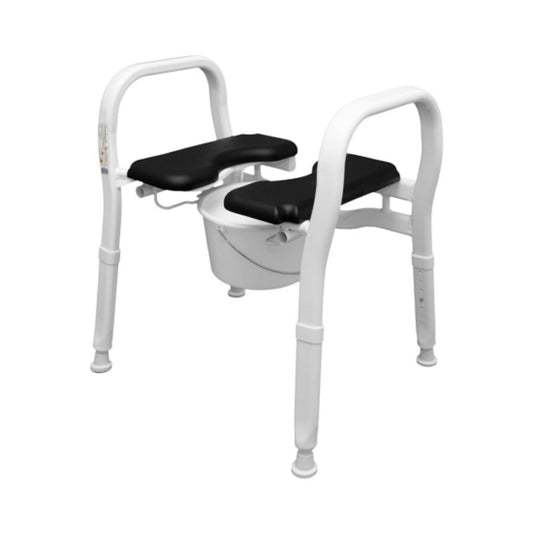 A 3-in-1 split seat chair with adjustable legs and anti-slip tips, primarily white with black padding and silver metallic frame from Adaptive Equipment (Image 2).