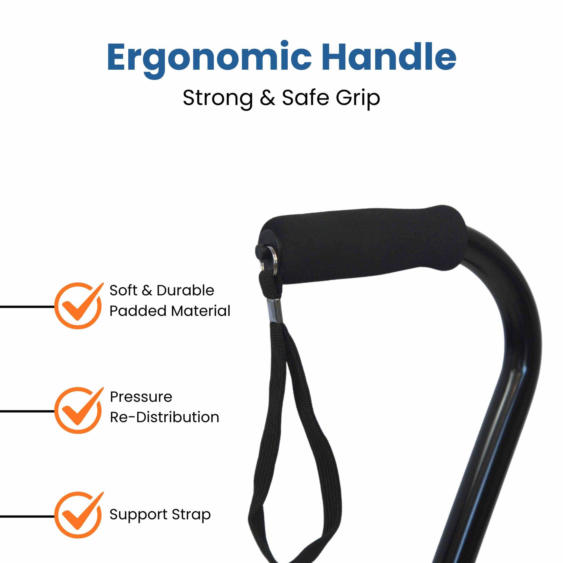Swan neck quad based walking stick with ergonomic handle with features listed on a white background
