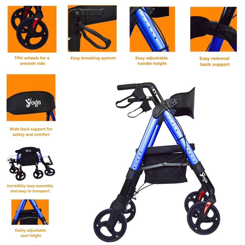 Product Dimensions for Yoga Blue Rollator