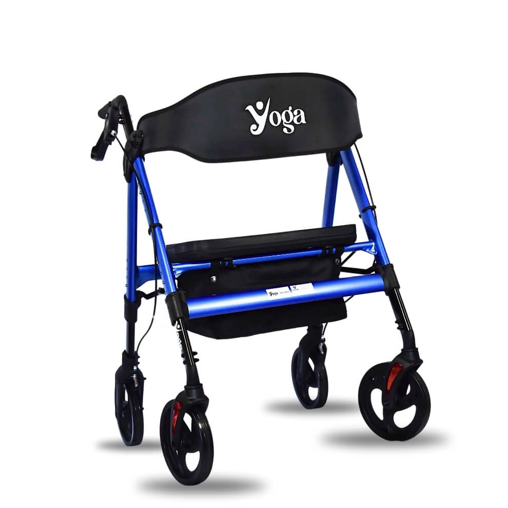 Blue Yoga foldable rollator with seat and storage bag angled view