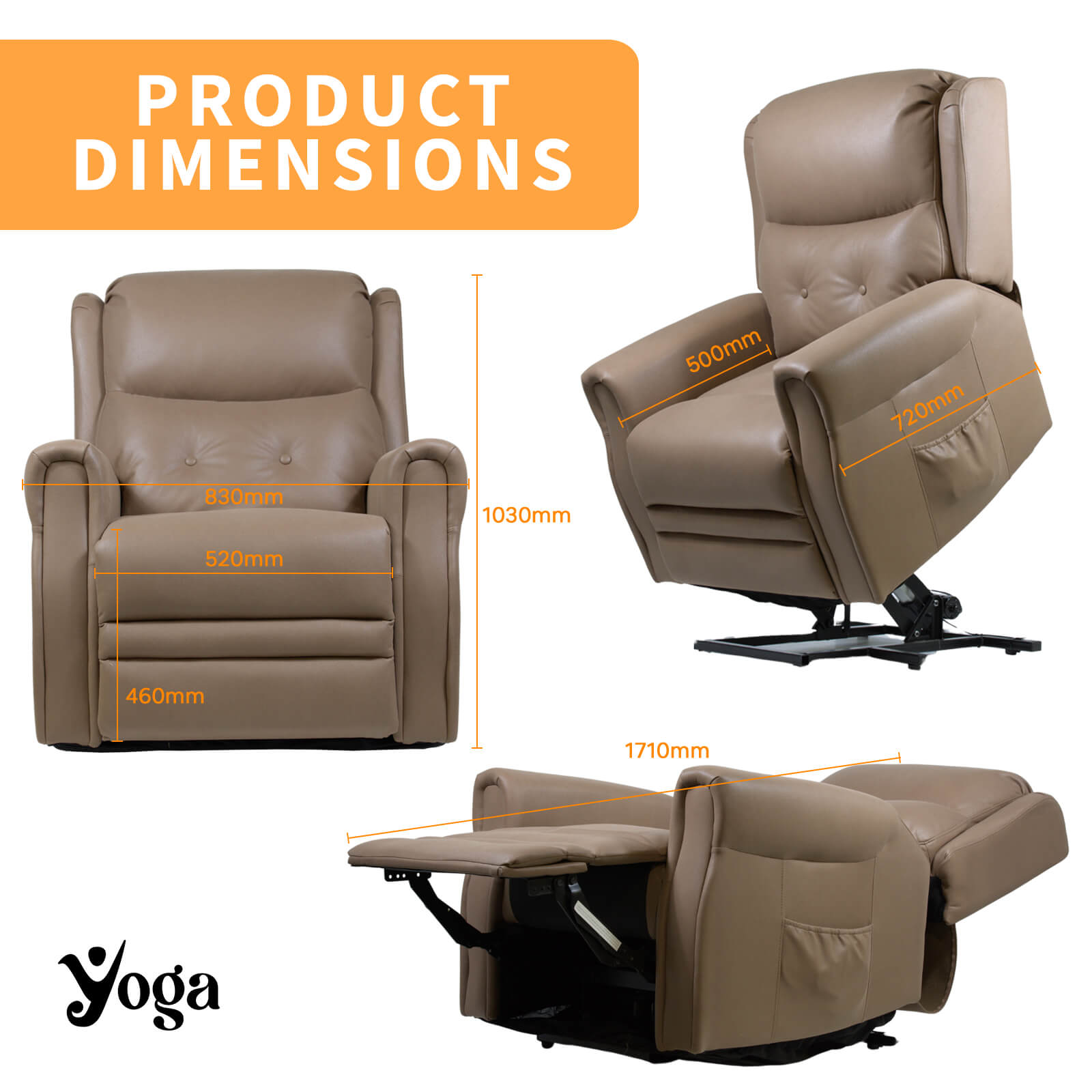 Yoga Leora Dual Motor Lift Recliner Chair Dimentions