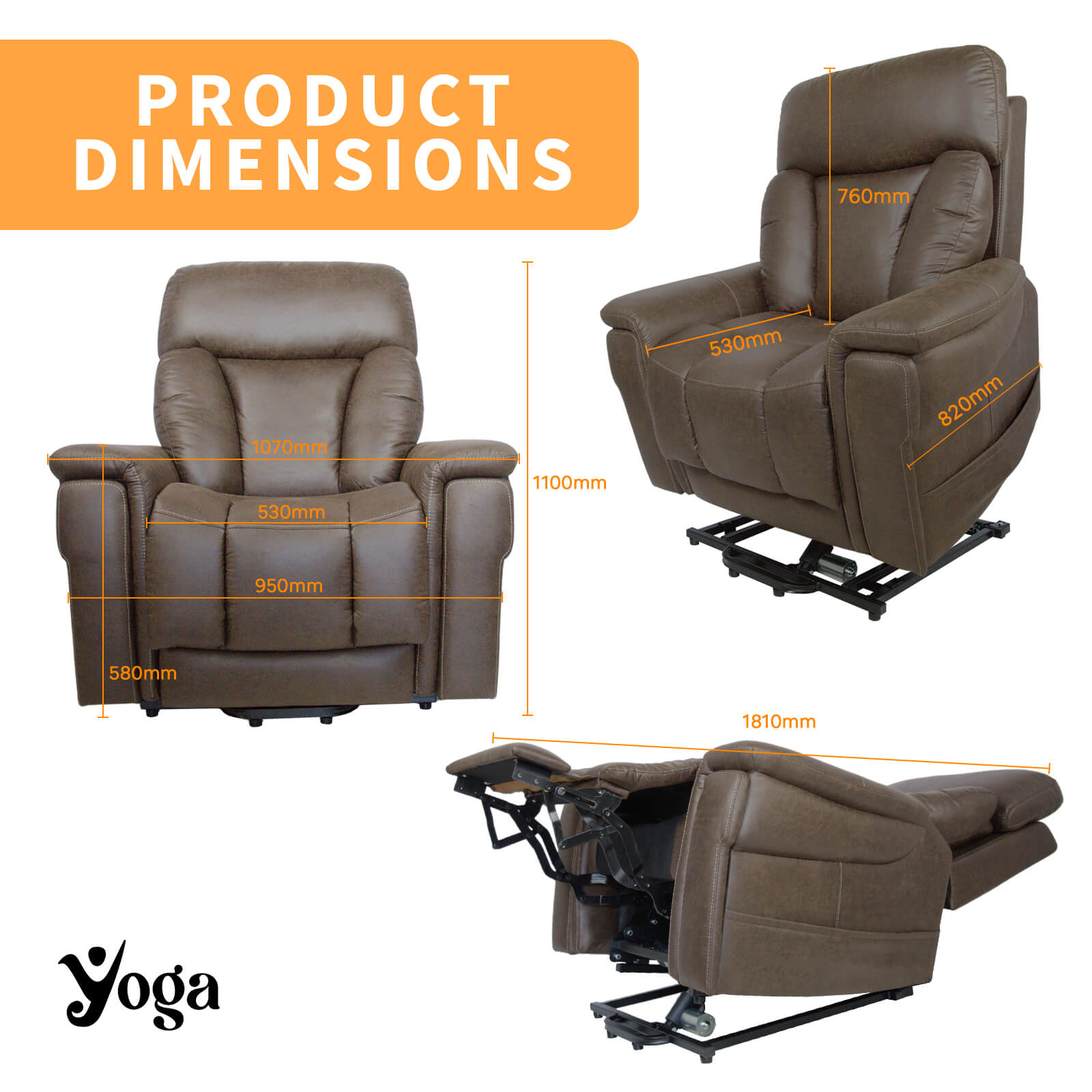 Yoga Regalia Four Motor Lift Recline Chair with Heat and Shiatsu Inspire Air Massage Measurements