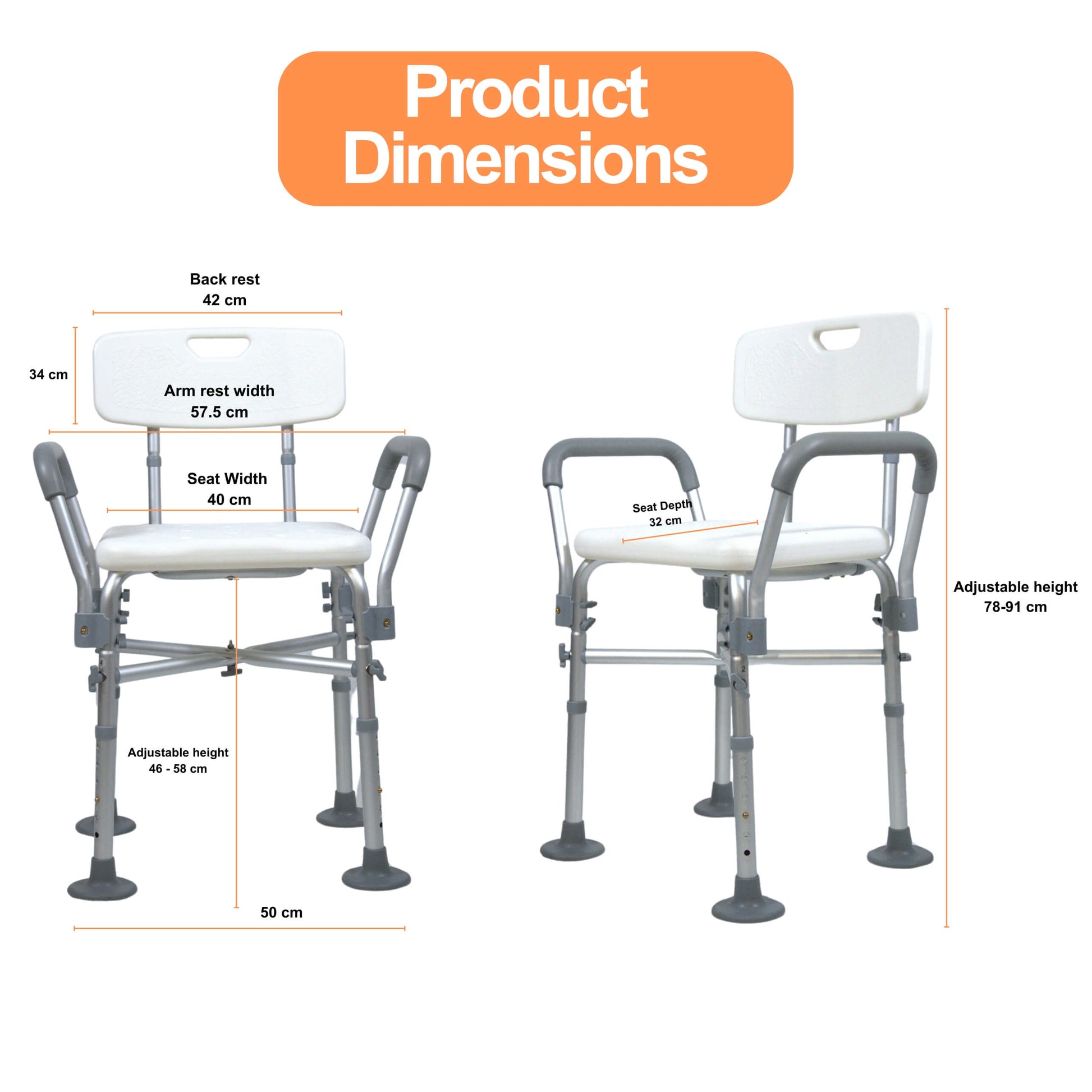 Yoga shower chair with armrests dimensions