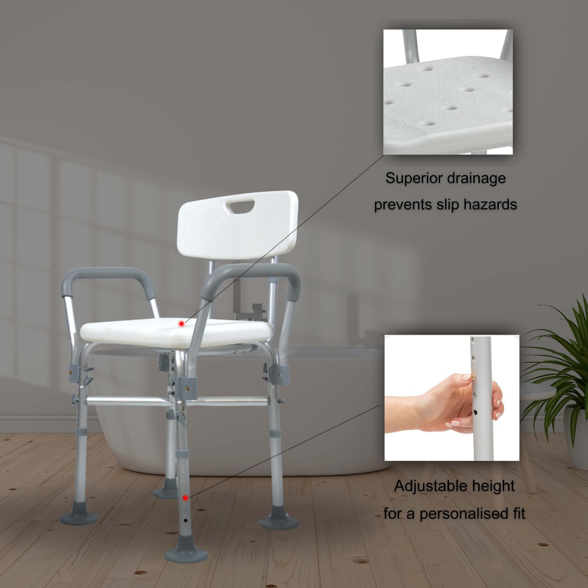 Yoga shower chair with armrests in a bathroom
