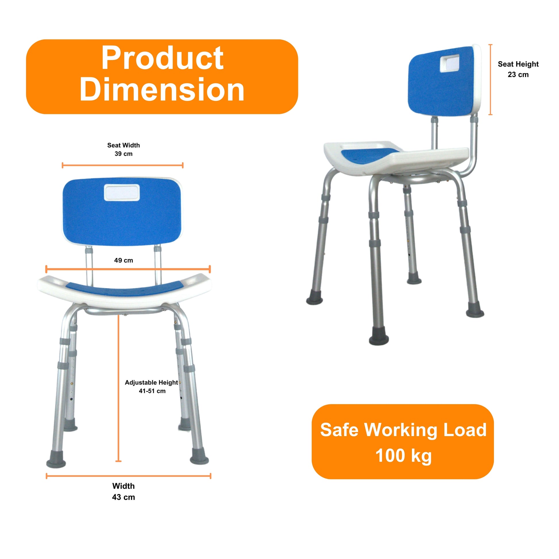 Yoga shower chair with detachable back and EVA pads dimensions