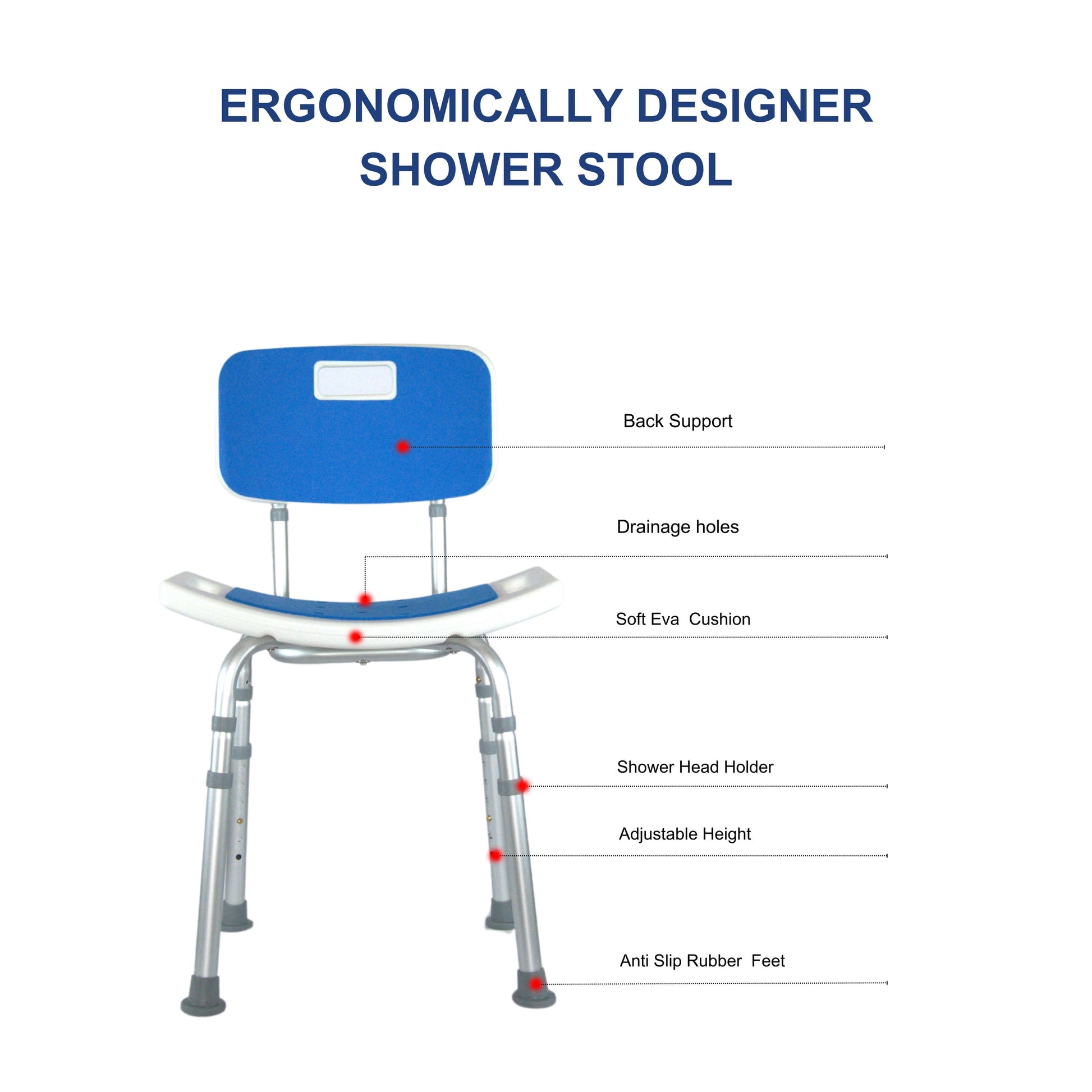 Yoga shower chair with detachable back and EVA pads features