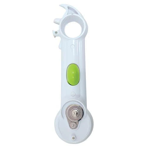 A green and white multi use can opener with a turning handle and lever from Adaptive Equipment (Image 2).