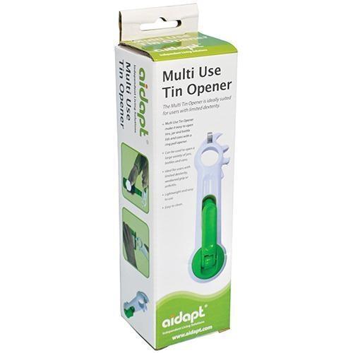 A green and white multi use can opener with a turning handle and lever from Adaptive Equipment (Image 3).