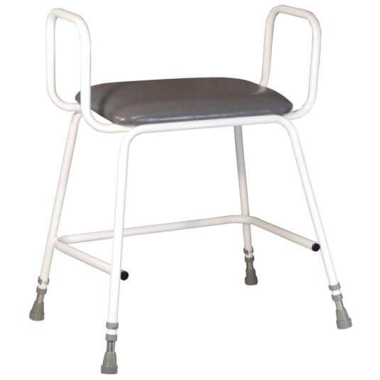 A bariatric perching stool with backrest, featuring a gray seat and backrest with a white steel frame, adjustable height settings, and armrests (Image 2).