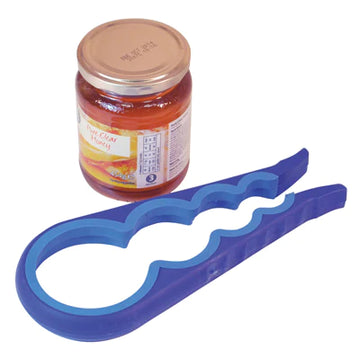 A blue universal jar and bottle opener next to a sealed jar, demonstrating its use (.mage 1)