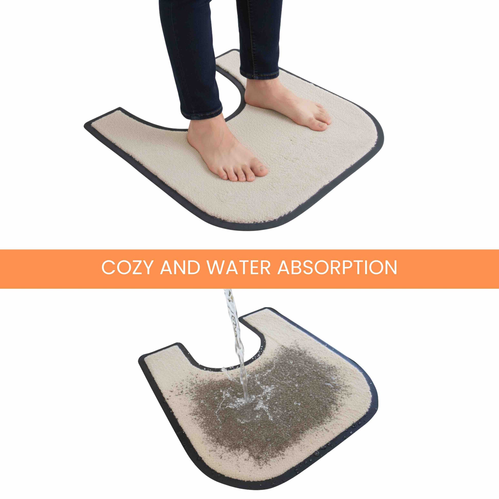 Anti-slip toilet surround mat with water absorption demonstration on a white background