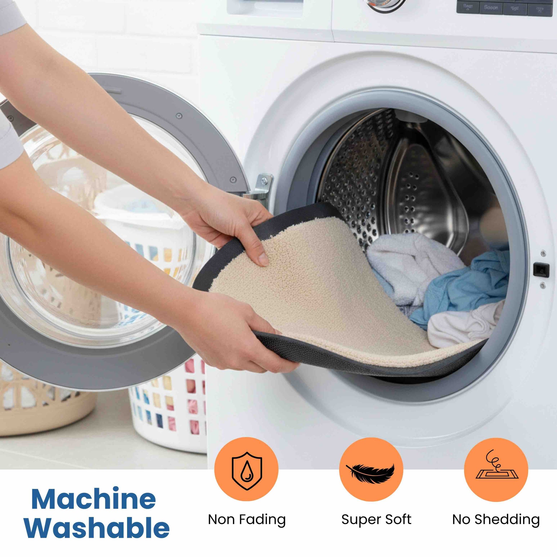 Person placing an anti-slip toilet surround mat into a washing machine with product features displayed.