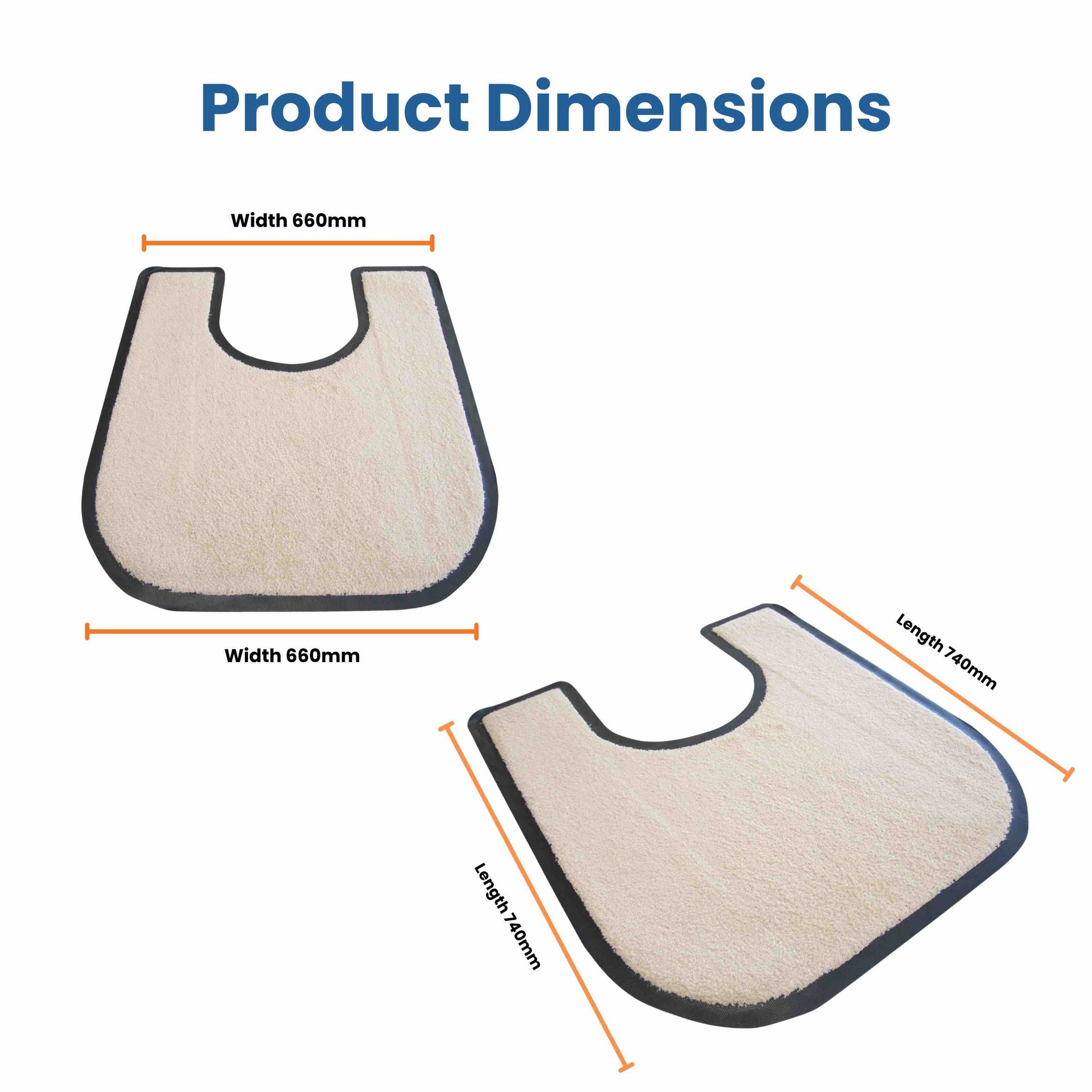 Dimensions of a beige anti-slip toilet surround mat with black border on a white background