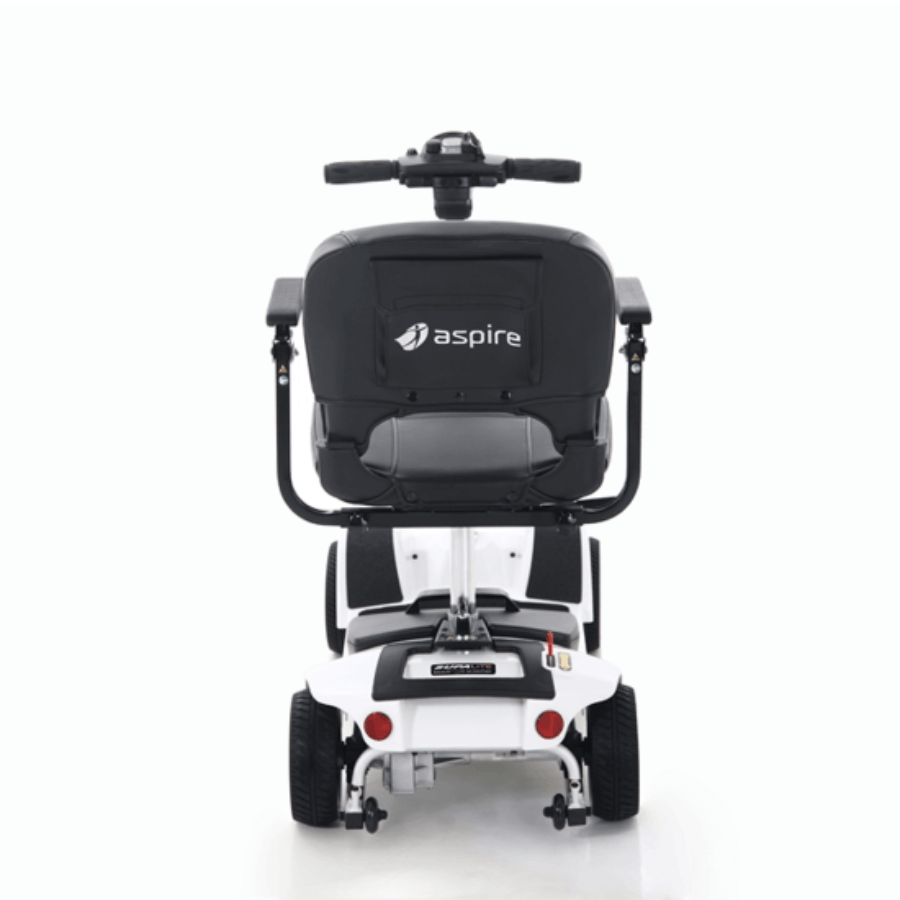 A compact and portable Aspire Boot Scooter Supalite with a black seat, white body, and black wheels and accessories from Adaptive Equipment (Image 2).