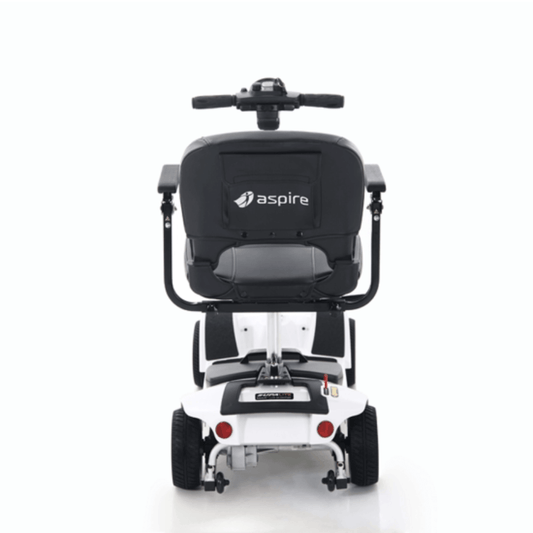 A compact and portable Aspire Boot Scooter Supalite with a black seat, white body, and black wheels and accessories from Adaptive Equipment (Image 2).