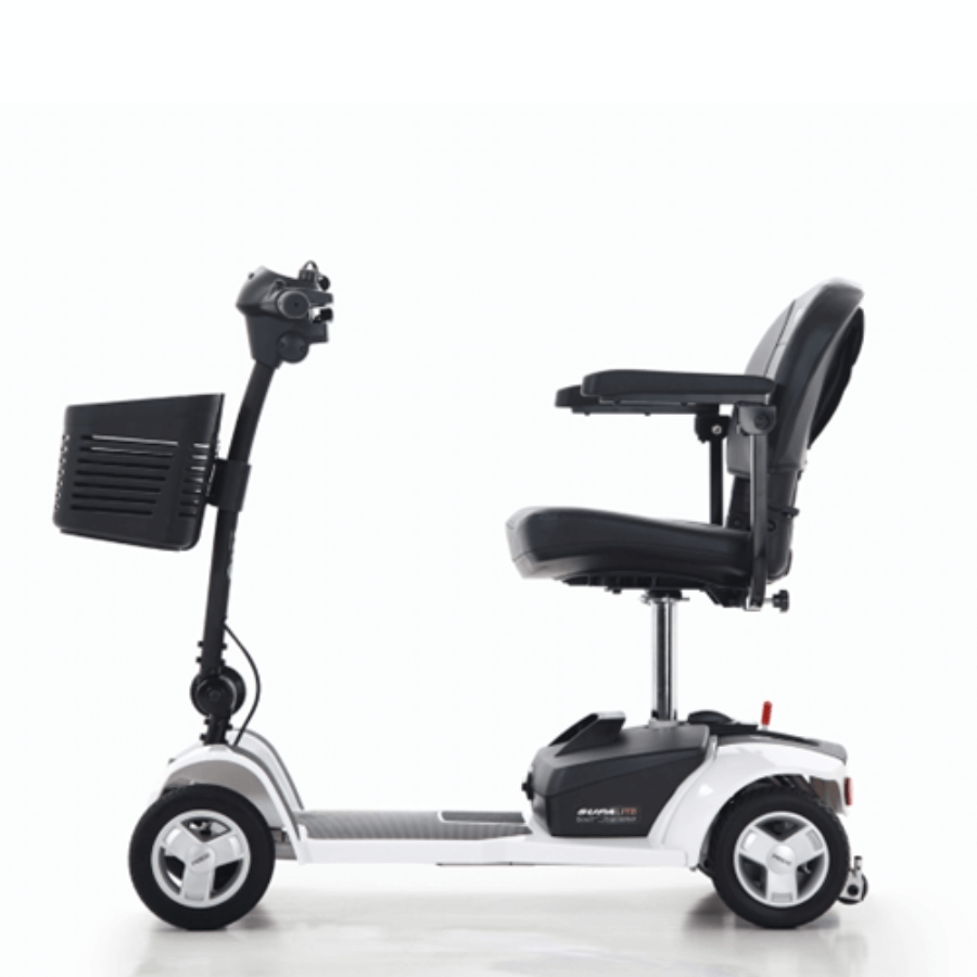 A compact and portable Aspire Boot Scooter Supalite with a black seat, white body, and black wheels and accessories from Adaptive Equipment (Image 3).