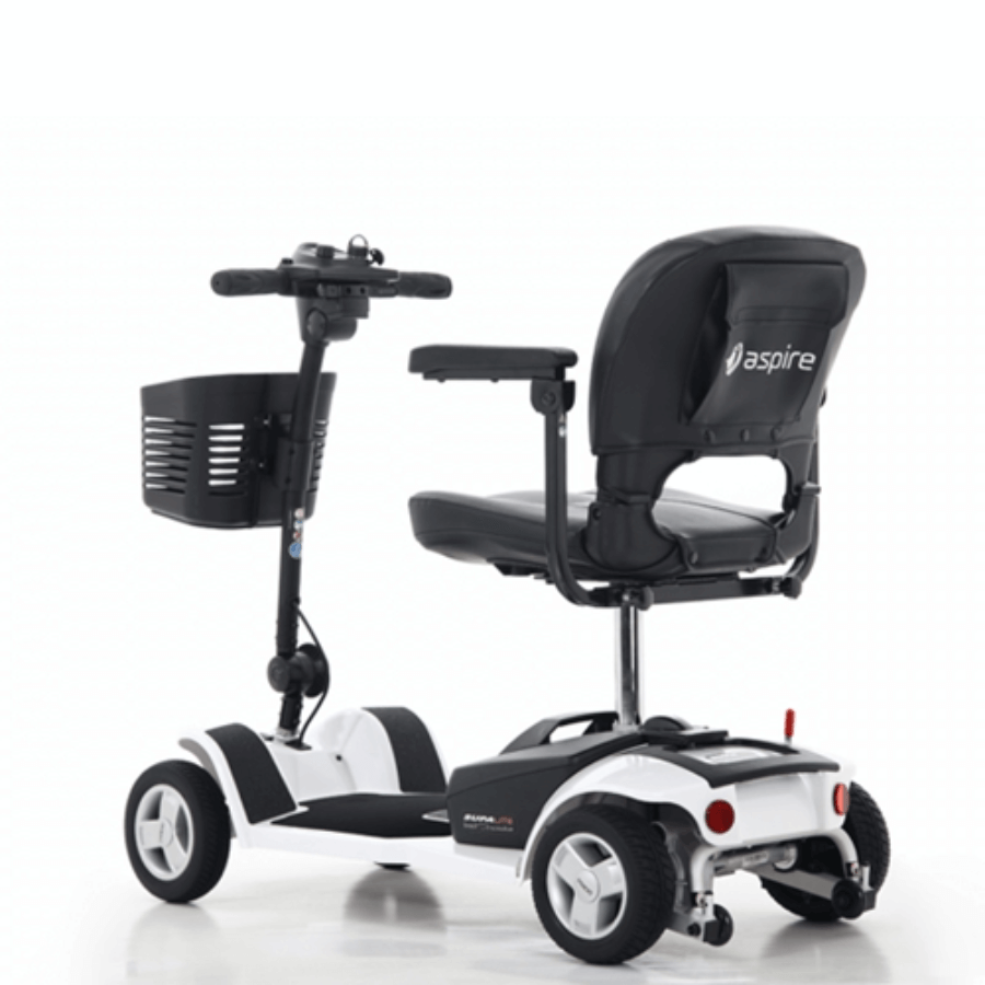 A compact and portable Aspire Boot Scooter Supalite with a black seat, white body, and black wheels and accessories from Adaptive Equipment (Image 4).