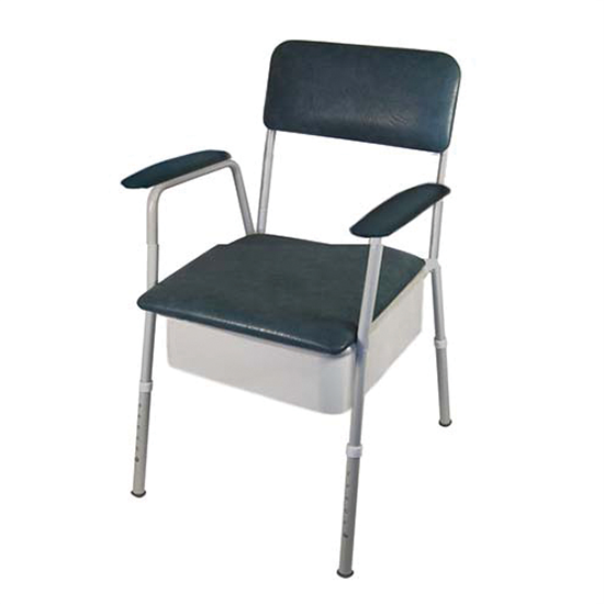 A pink and white Aspire Classic Bedside Commode with adjustable height, removable padded seat, and raised padded armrests - Adaptive Equipment (Image 2).