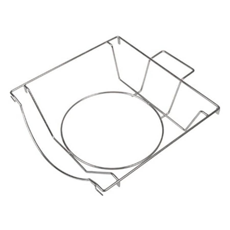 Metal commode bowl and pan carrier with a circular opening for the bowl and a separate compartment for the pan.